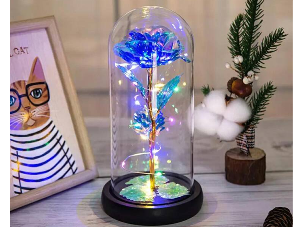 Eternal Rose in Glass Dome with LED Light, Gold/Blue