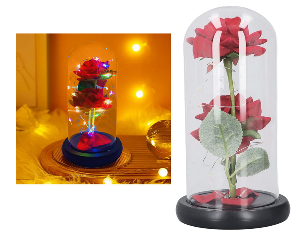 Amžinoji rožė stikle su LED RGB apgaunimu (dvi rožės), raudona