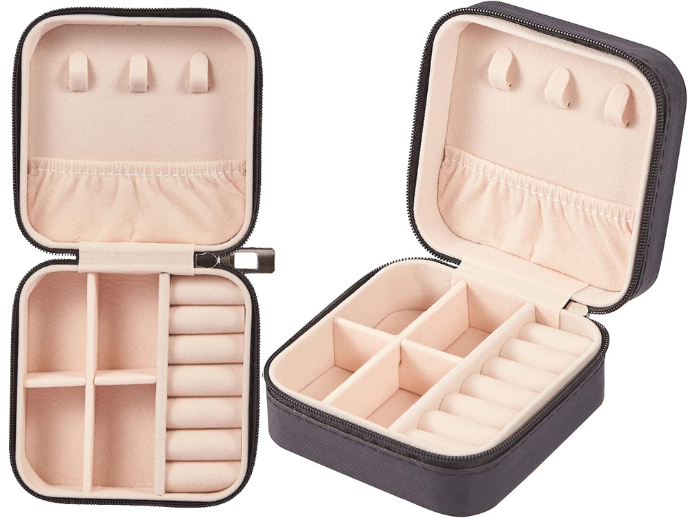 Small Travel Jewelry Box Organizer with Zipper for Rings, Black