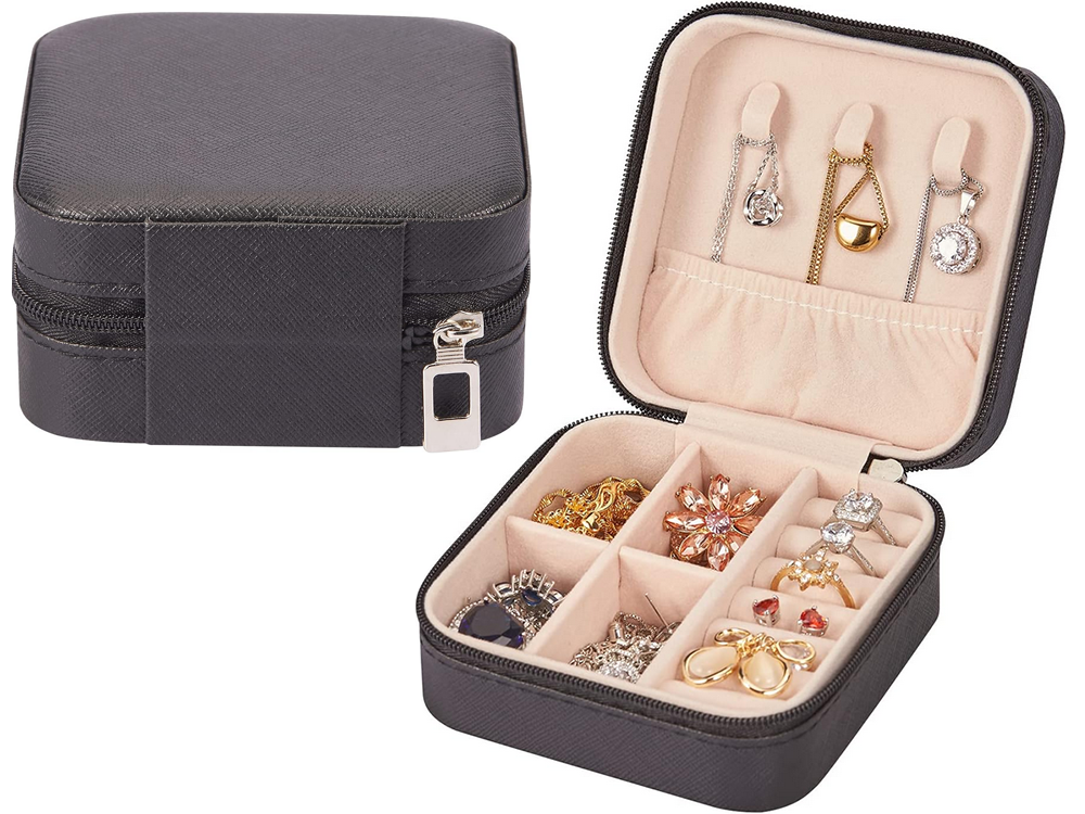 Small Travel Jewelry Box Organizer with Zipper for Rings, Black