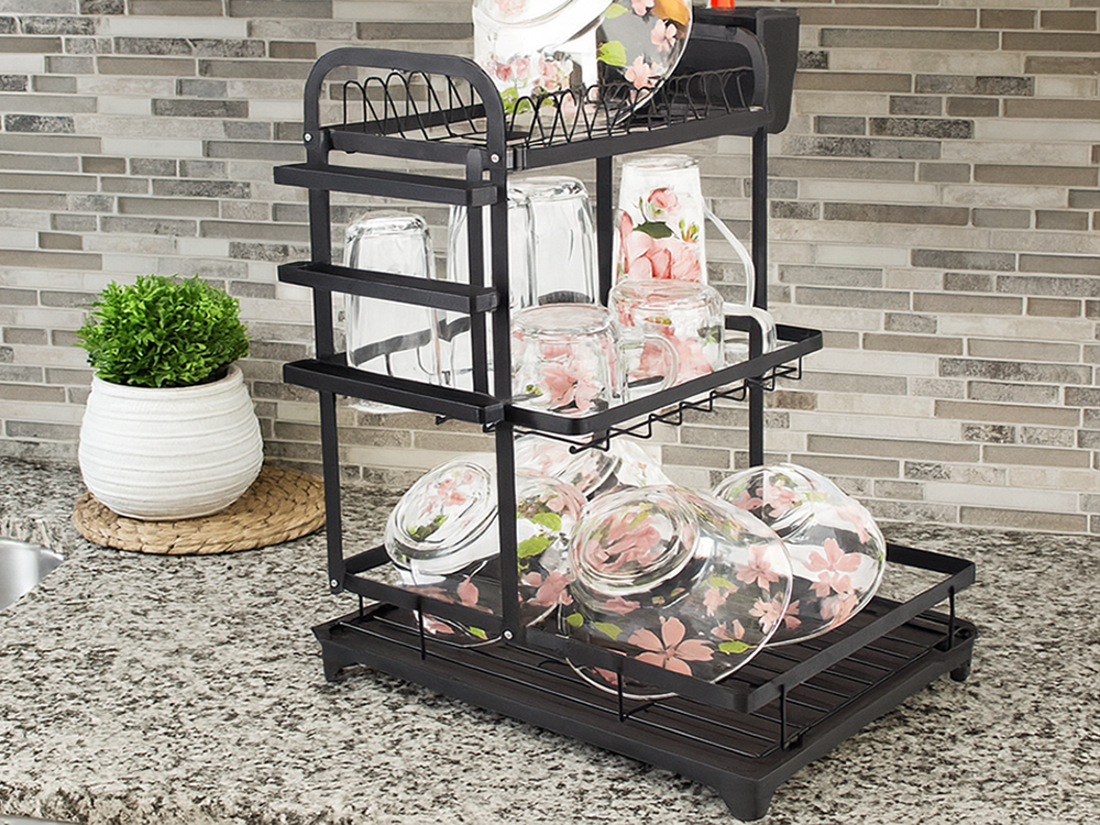 3-Tier Dish Drying Rack with Drip Tray, Black