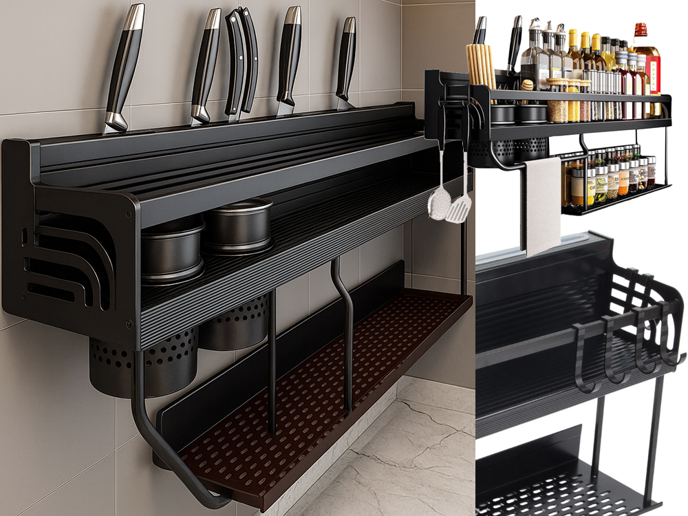 Metal Kitchen Wall Shelf and Organizer, Black