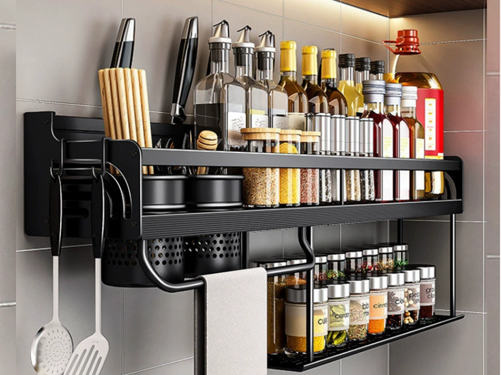 Metal Kitchen Wall Shelf and Organizer, Black