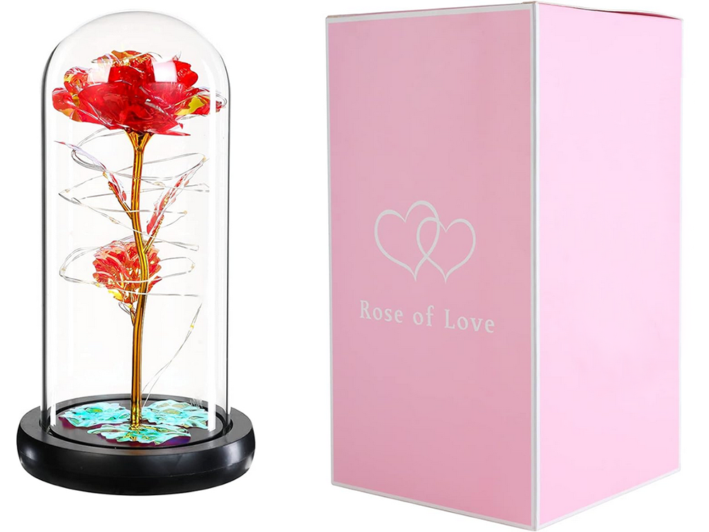 Enchanted Eternal Rose in Glass Dome with RGB LED Lights, Unique Gift for Her, Red