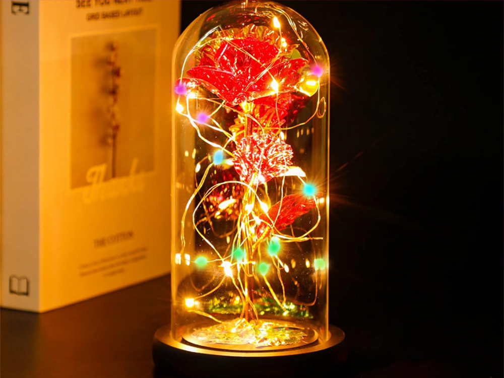 Enchanted Eternal Rose in Glass Dome with RGB LED Lights, Unique Gift for Her, Red