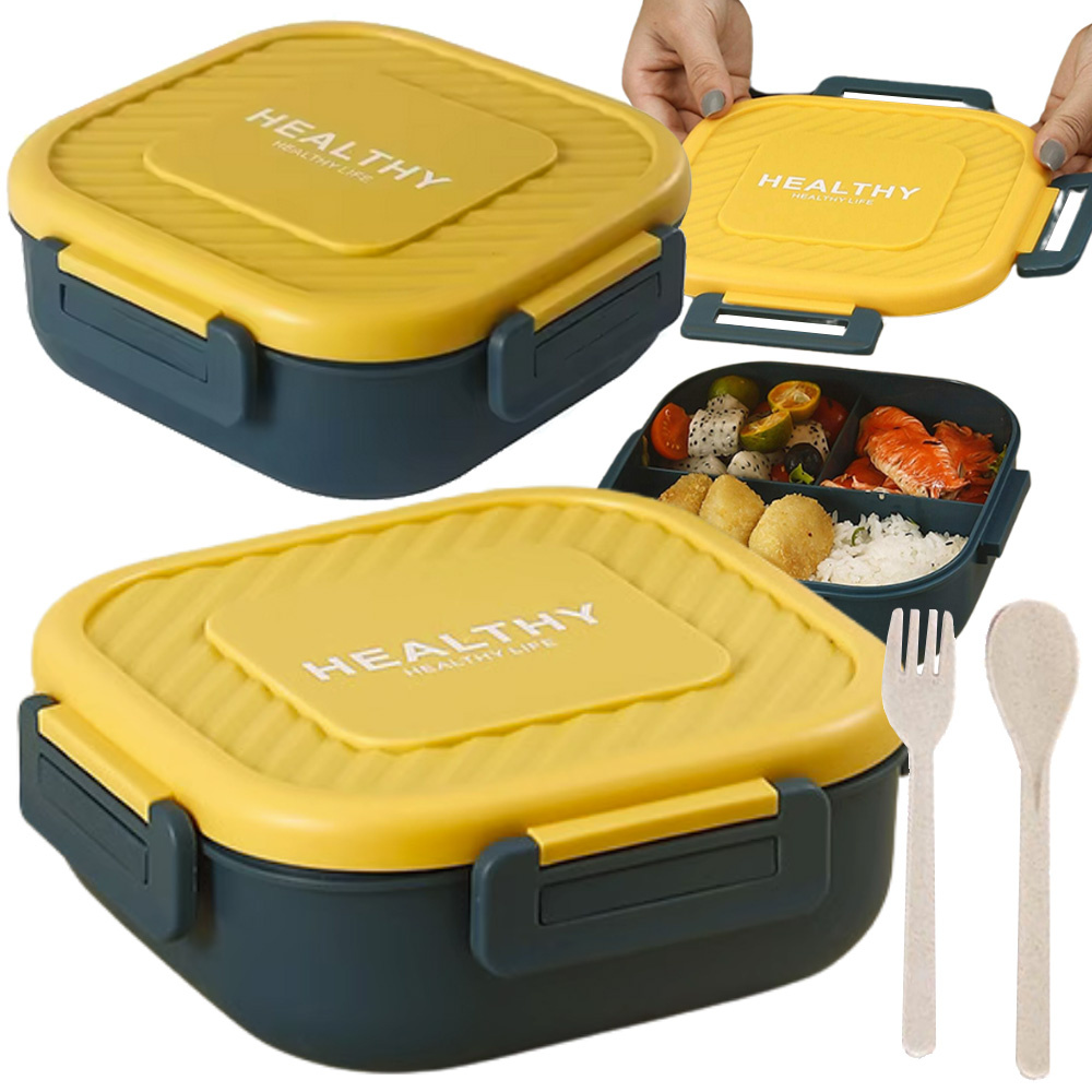 Lunch Box with Compartments and Cutlery, Green