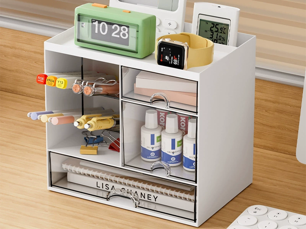 Desk Organizer with Drawers for Makeup and Office Supplies Storage, White