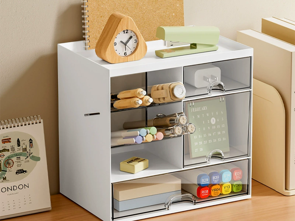 Desk Organizer with Drawers for Makeup and Office Supplies Storage, White