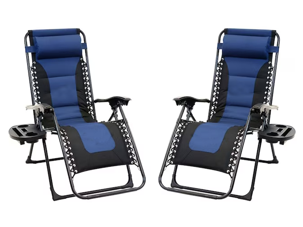 Gravity Folding Garden Lounger with Soft Cushion, Navy Blue & Black