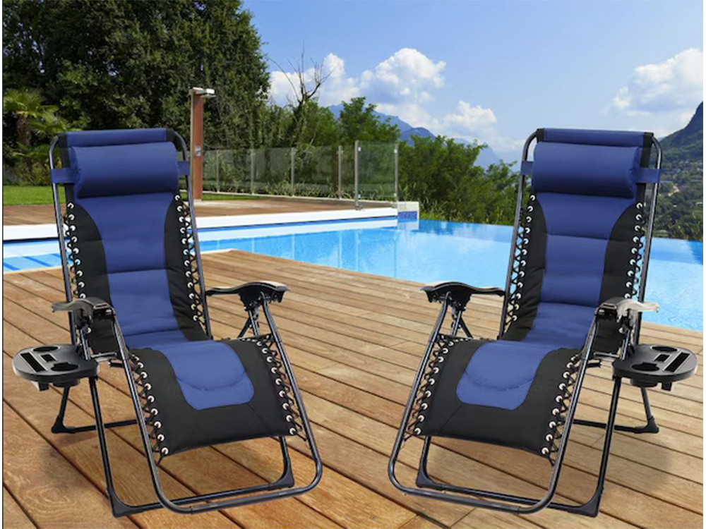 Gravity Folding Garden Lounger with Soft Cushion, Navy Blue & Black