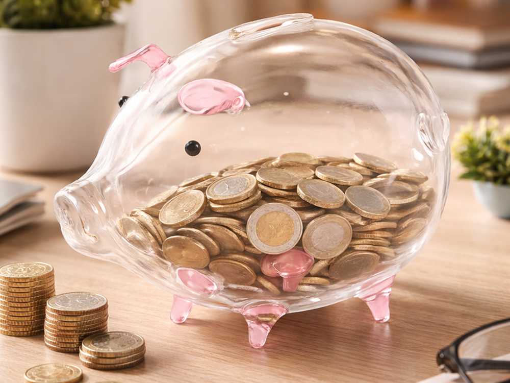 Large Glass Piggy Bank for Adults & Kids, Clear Money Saving Jar for Coins & Bills