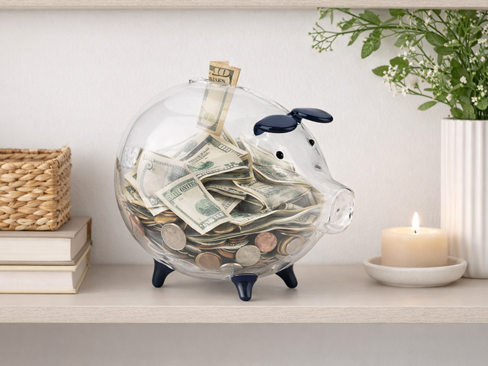 Large Glass Piggy Bank for Coins and Bills, Clear Money Saving Jar for Adults & Kids