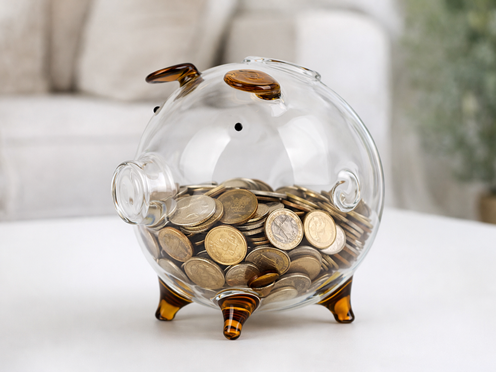 Small Glass Piggy Bank for Coins and Bills, Clear Money Saving Jar for Adults & Kids