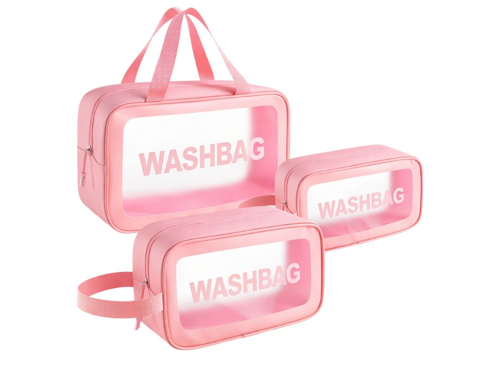Clear Travel Cosmetic Bag Set 3-in-1 Toiletry Organizer, Pink
