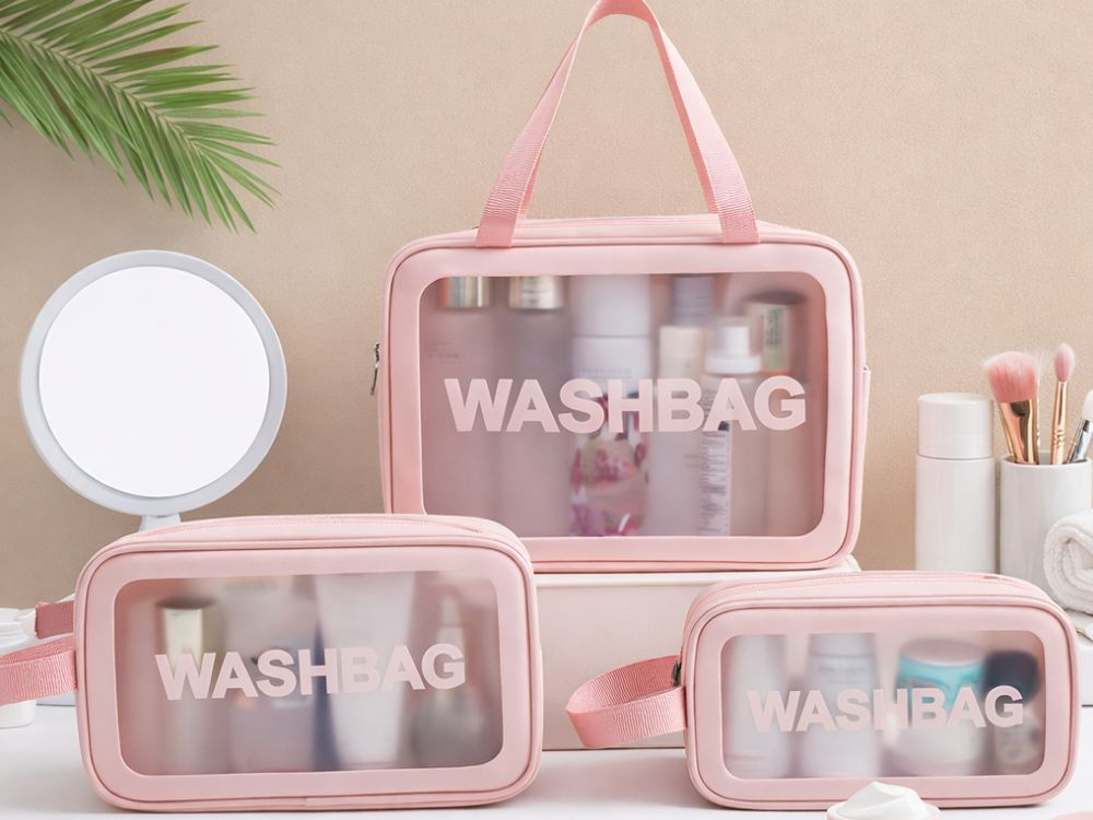 Clear Travel Cosmetic Bag Set 3-in-1 Toiletry Organizer, Pink