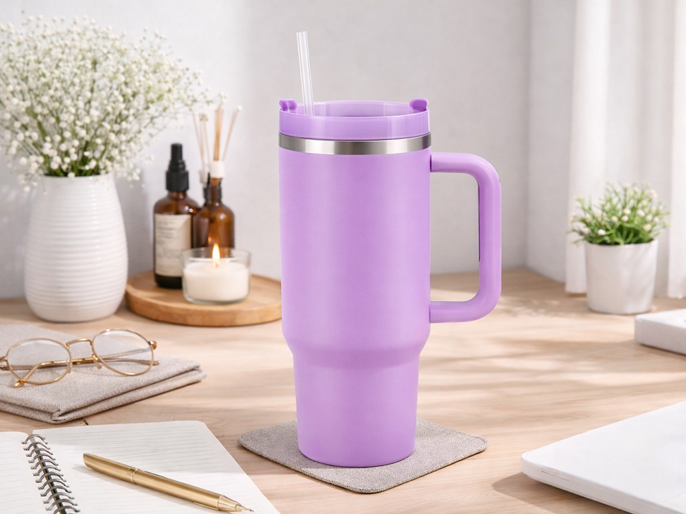 Large Thermal Mug 1.2L with Handle and Straw Stainless Steel, Purple