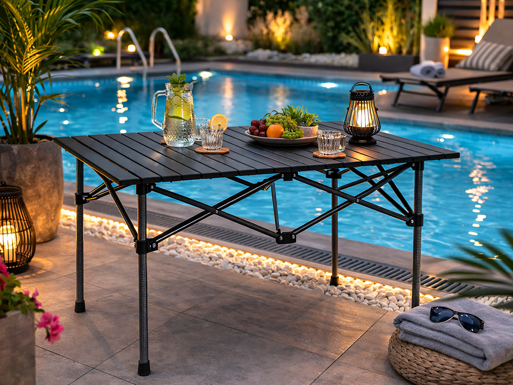 Folding Camping Table 95x55cm Portable Fishing Picnic Balcony, Black-Grey