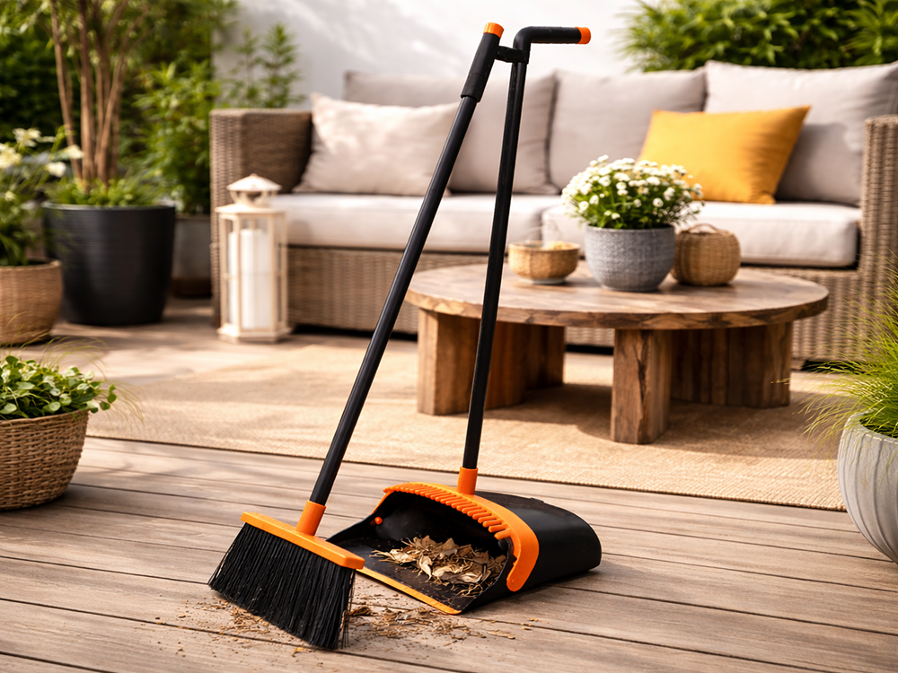 Long Handle Broom and Dustpan Set 2-in-1 Upright Sweeper, Black-Orange