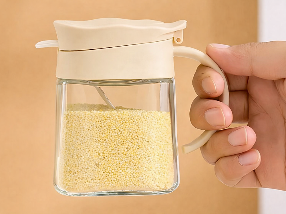 Glass Spice Jar with Handle and Spoon 300ml, White
