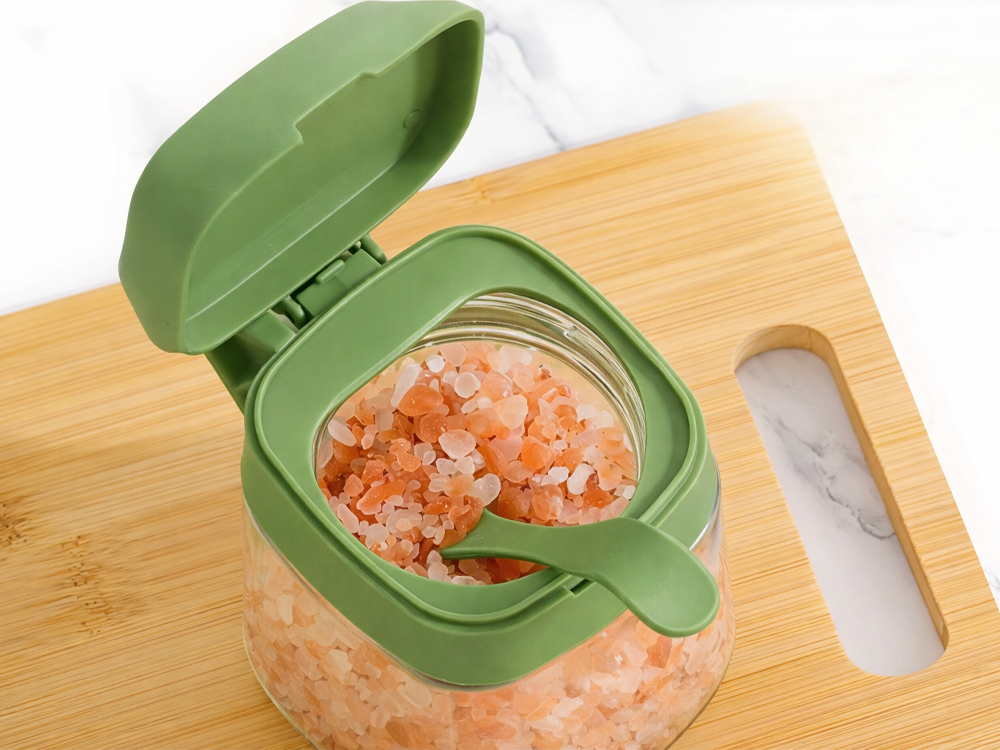 Glass Spice Jar with Handle and Spoon 300ml, green