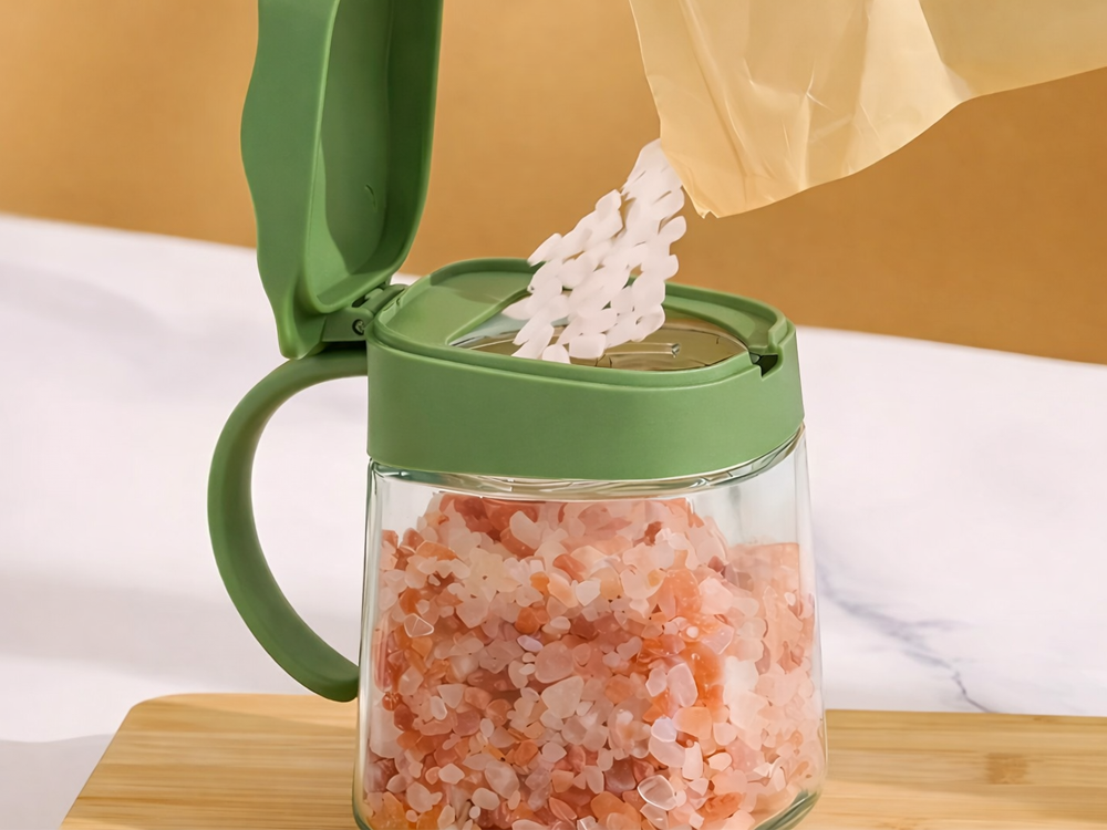 Glass Spice Jar with Handle and Spoon 300ml, green