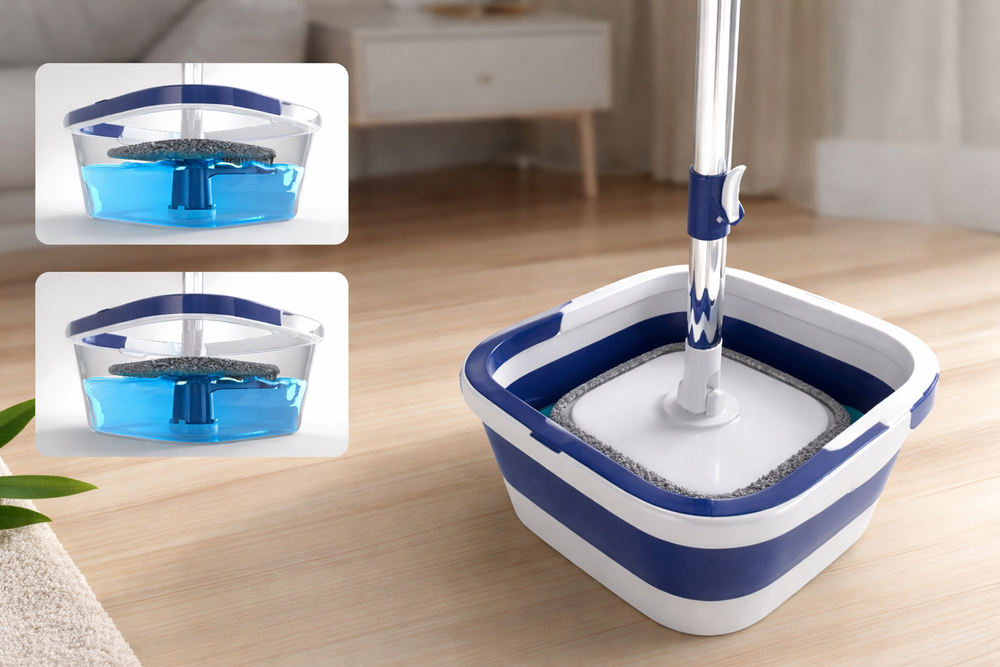 360° Flat Spin Mop with Collapsible Bucket and 2 Microfiber Pads
