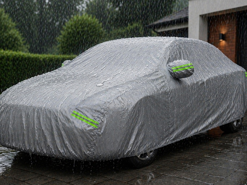 Vandeniui atsparus automobilio uždangalas su kišenėmis veidrodėliams, M dydis, sidabrinis