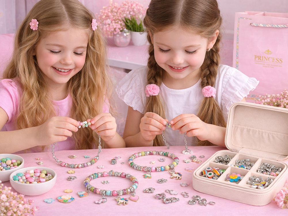 Kids Charm Bracelet and Necklace Making Kit with Jewelry Box, Multicolor