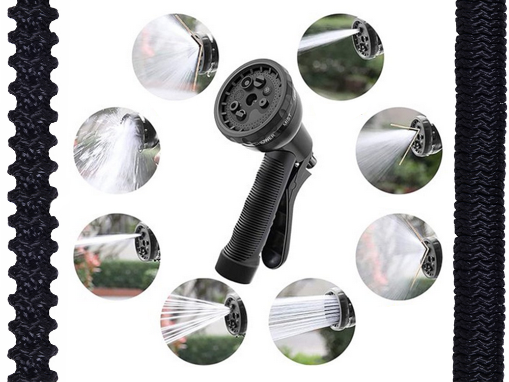 Expandable Garden Hose Set with Spray Gun and Hook, 15-45m, Black