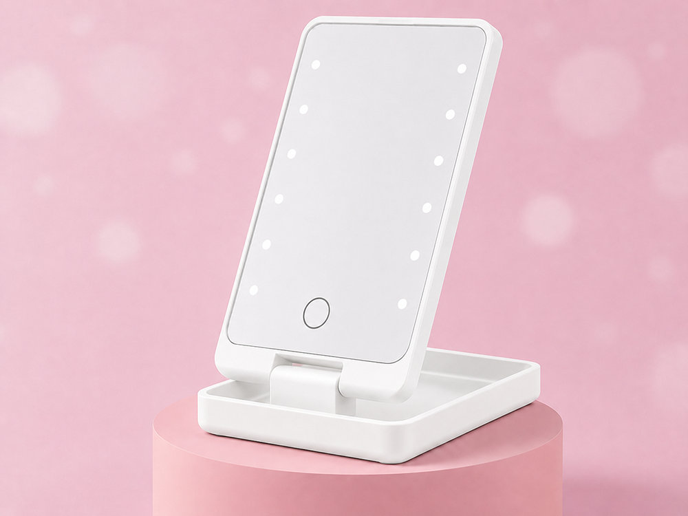 Folding Cosmetic Mirror with LED Backlight, White