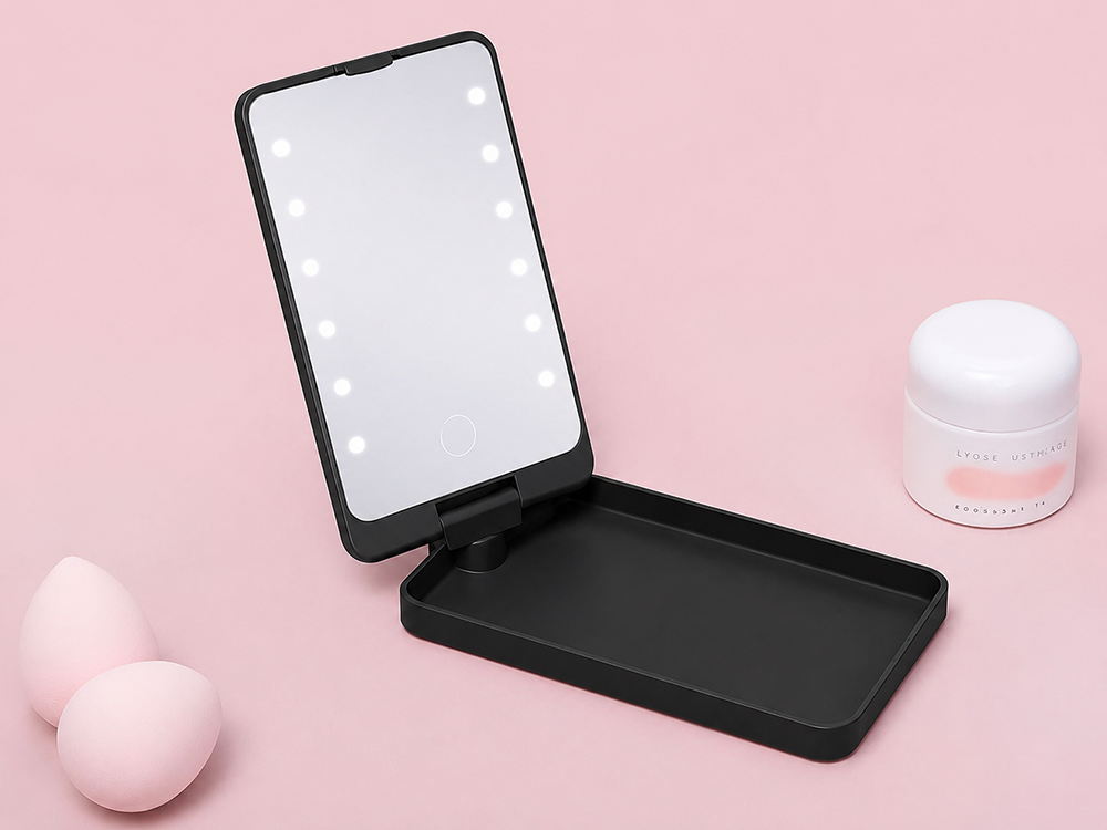 Folding Cosmetic Mirror with LED Backlight, Black