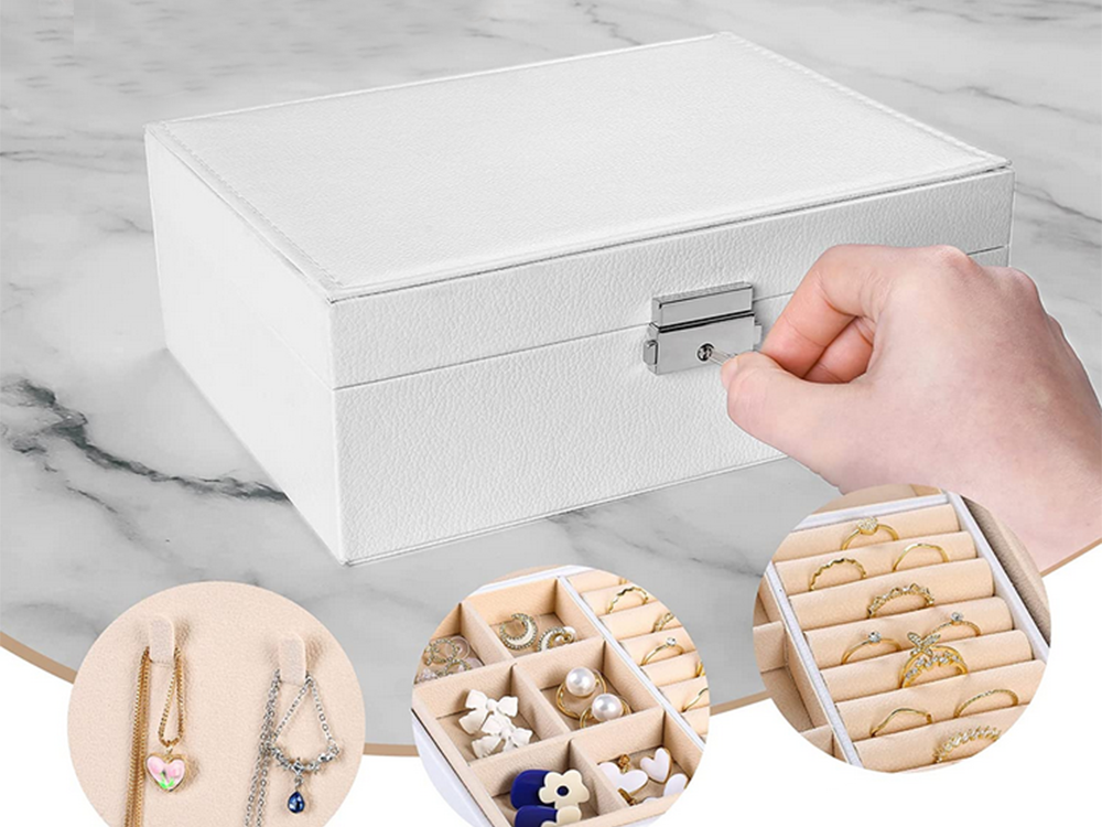Elegantiška didelė papuošalų dėžutė su spynele, balta