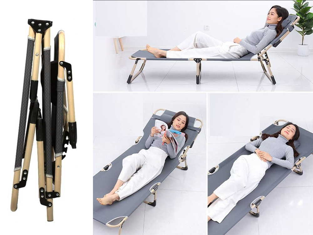 Folding Camping Bed / Sun Lounger with Adjustable Backrest, Grey