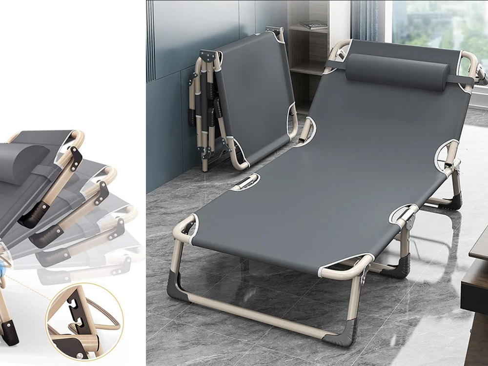 Folding Camping Bed / Sun Lounger with Adjustable Backrest, Grey