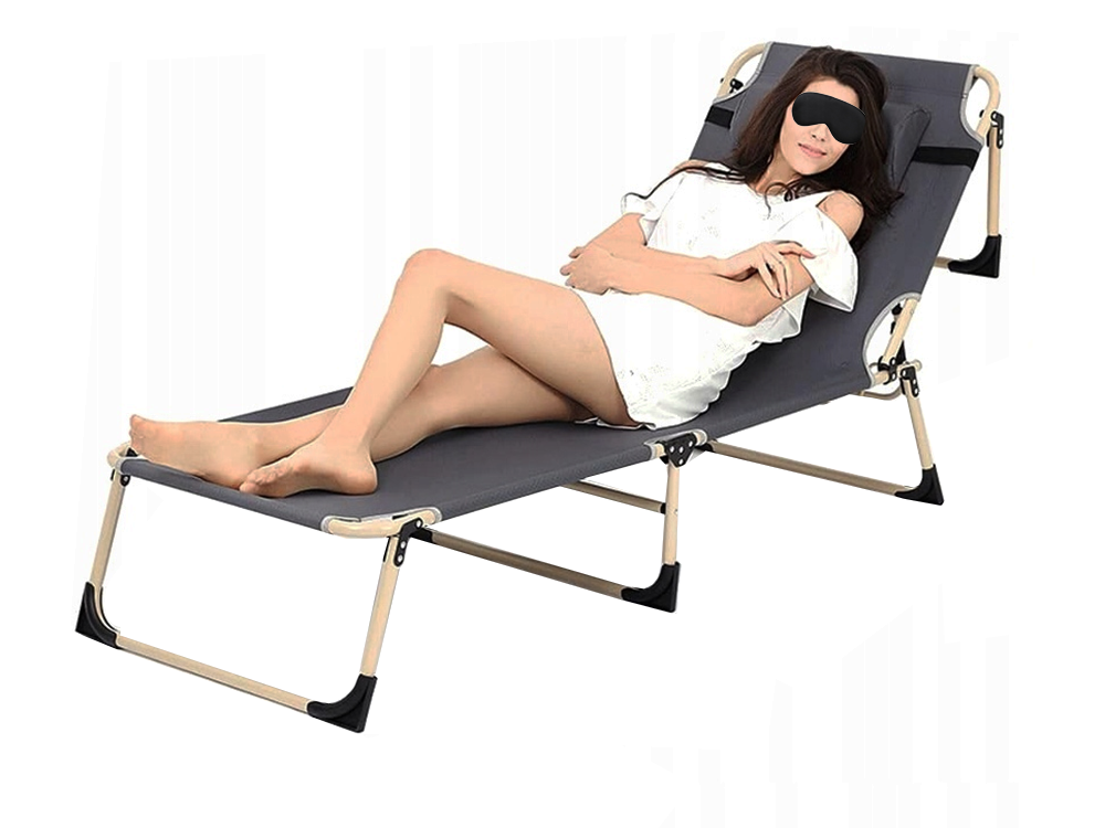 Folding Camping Bed / Sun Lounger with Adjustable Backrest, Grey