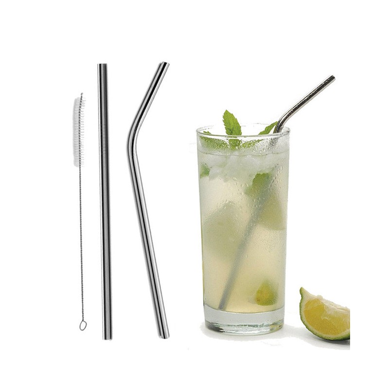 A set of 8 Reusable Metal Drinking Straws with Cleaning Brush and Pouch, Silver