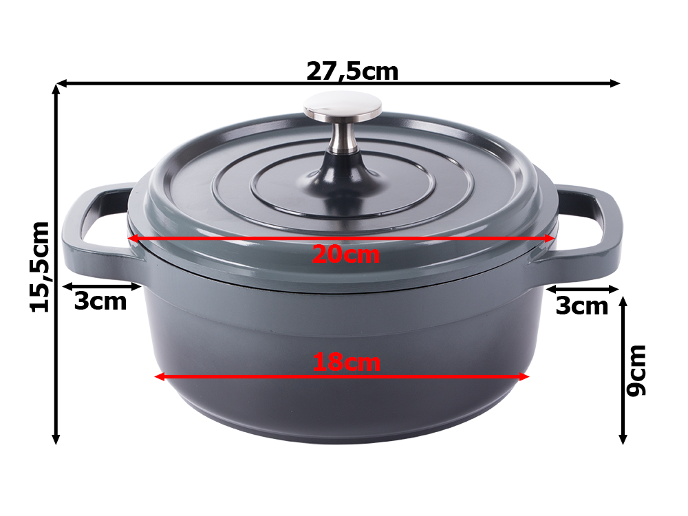 Casserole Pot with Lid 2L, Cast Aluminum, Non-Stick, Induction & Gas, Grey