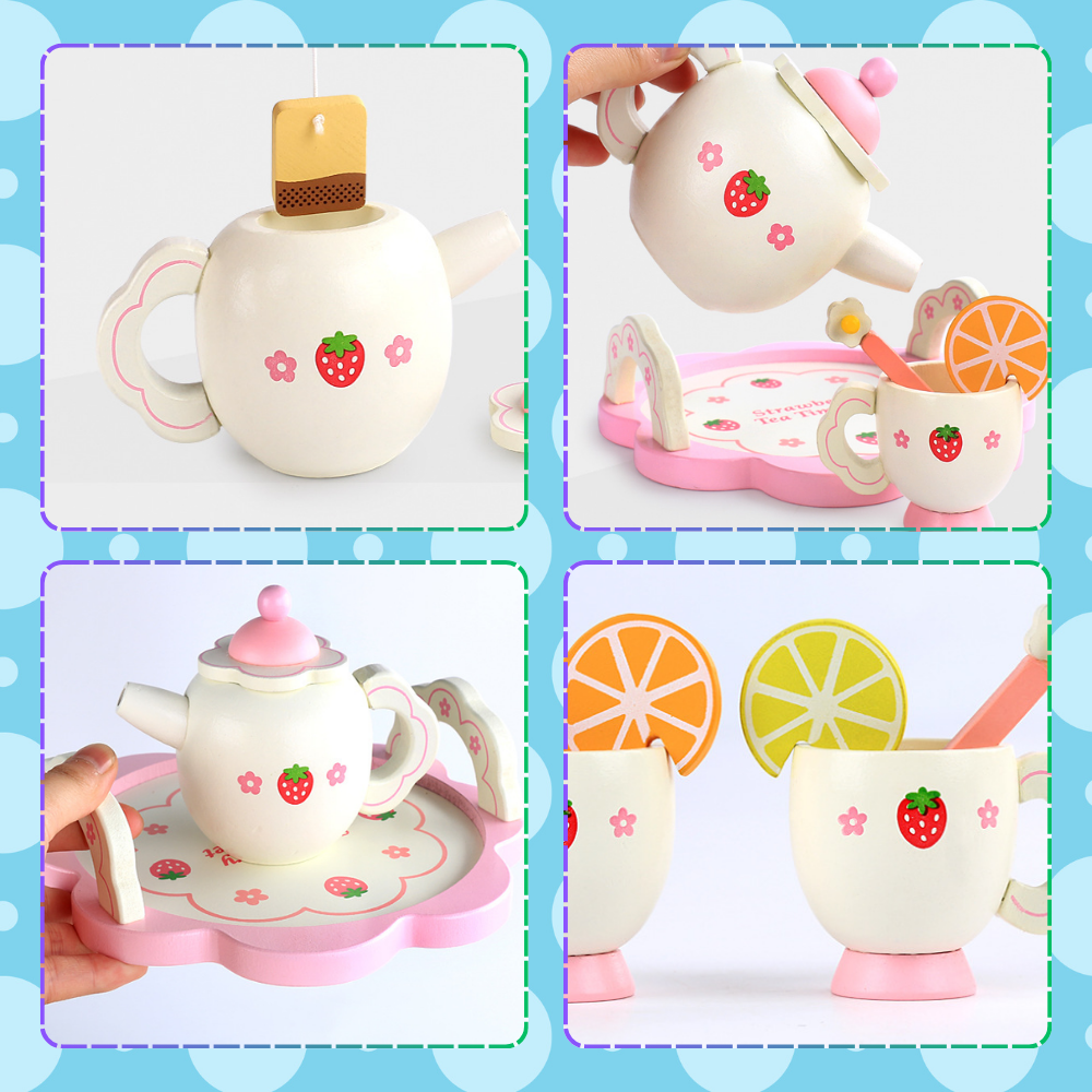 Kids Toy Tea Service Set Wooden Tableware Kit Pretend Play Accessories