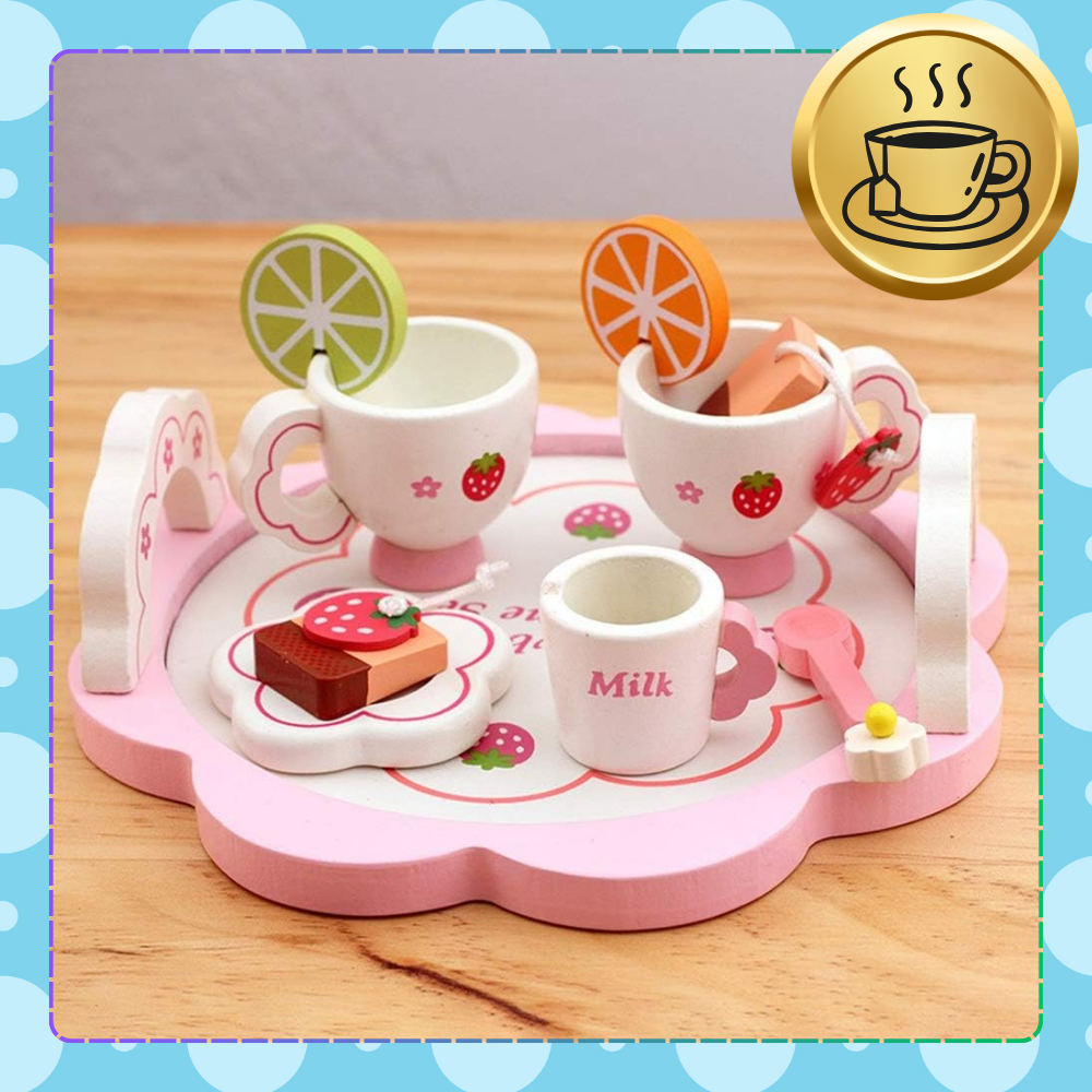 Kids Toy Tea Service Set Wooden Tableware Kit Pretend Play Accessories