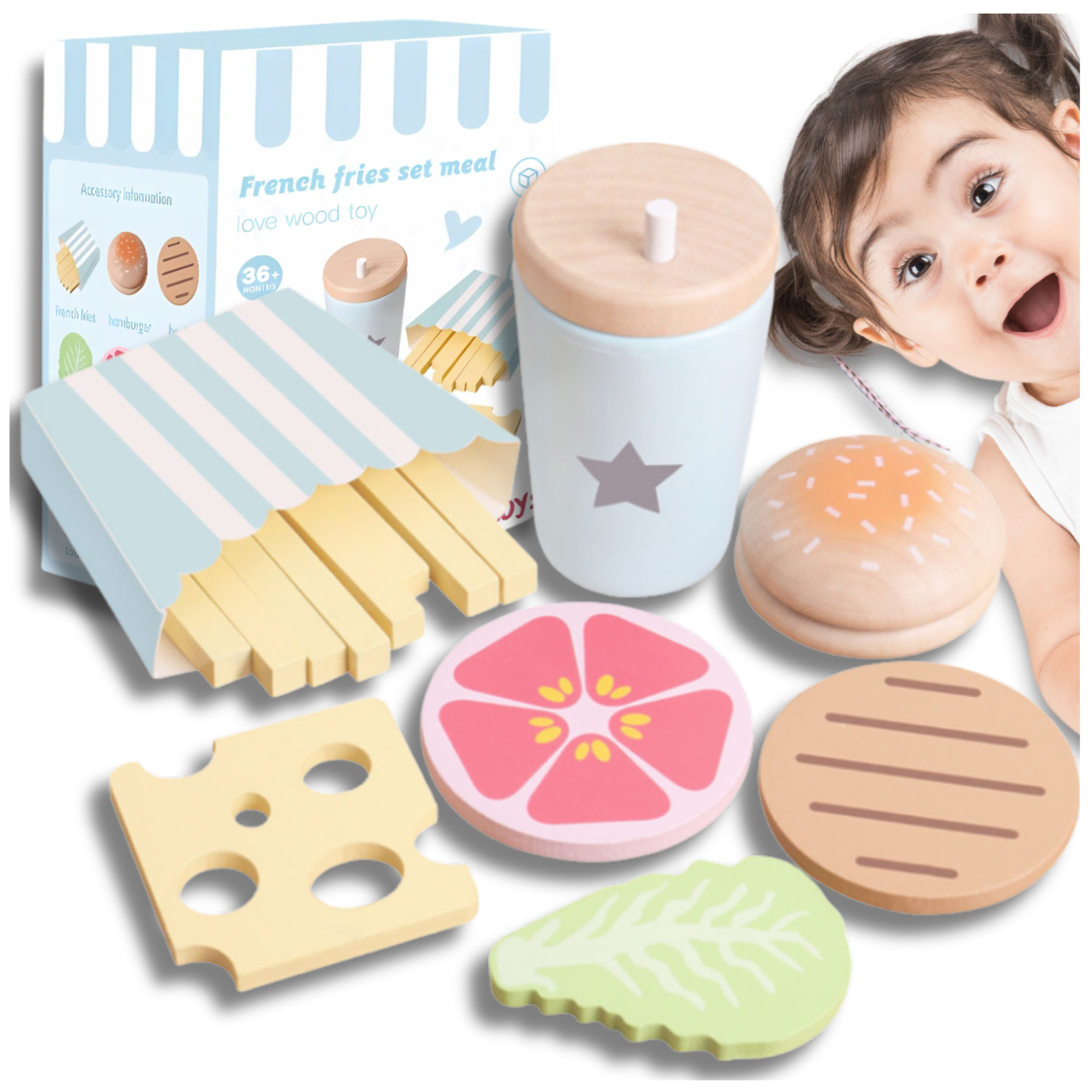 Bakalu Wooden Hamburger Set with Fries and Drink Educational Toy