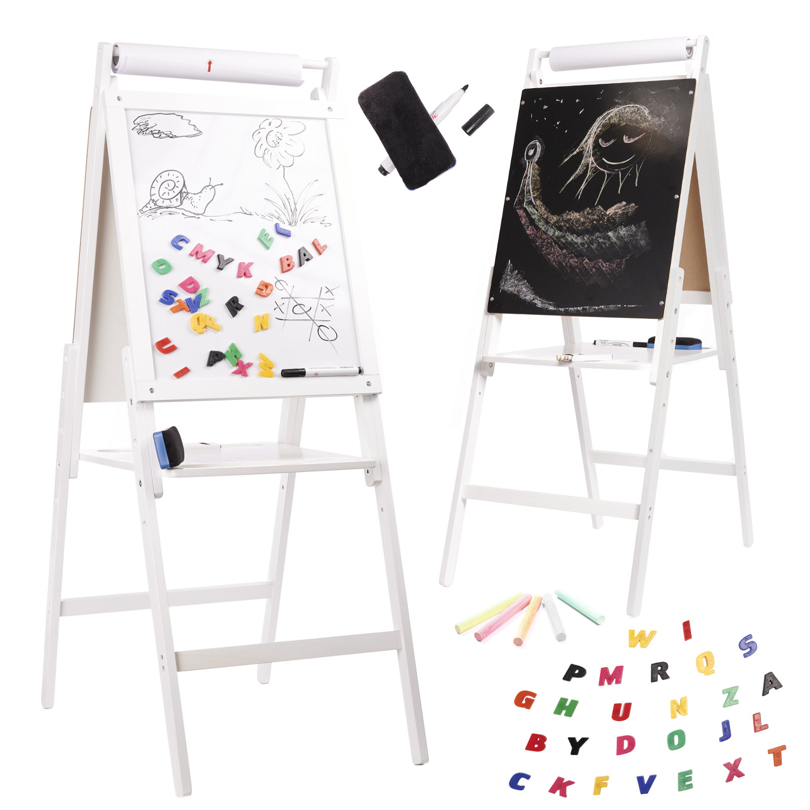 Children's Double-Sided Magnetic Drawing Board with Accessories (Crayons, Letters, Marker), White